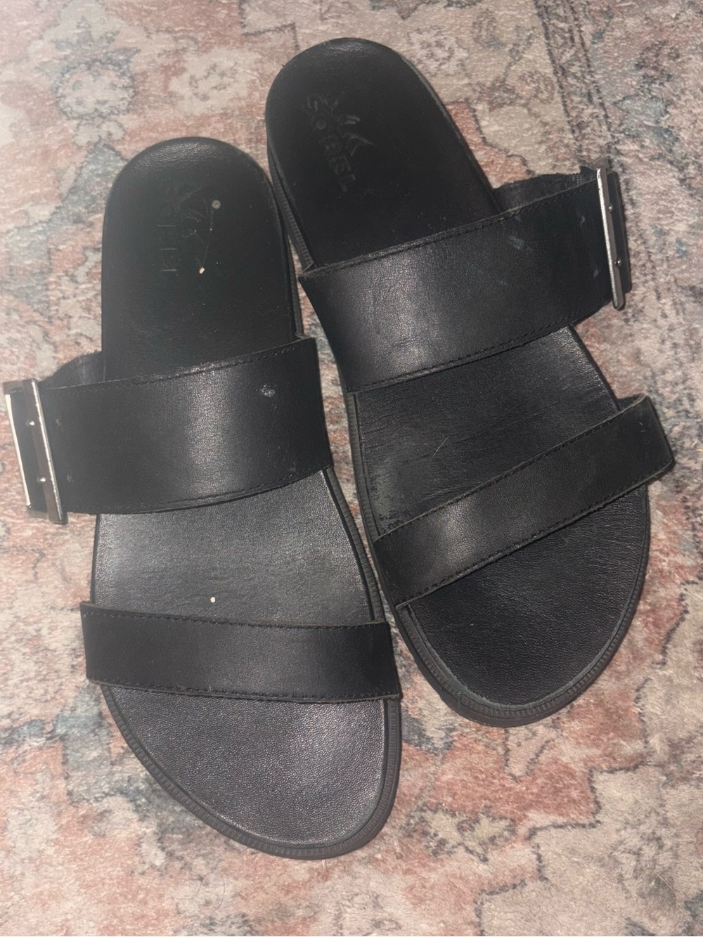 Sorel Women's Roaming Buckle Slide Sandals Shoes Lug Sole 9.5 Black Leather